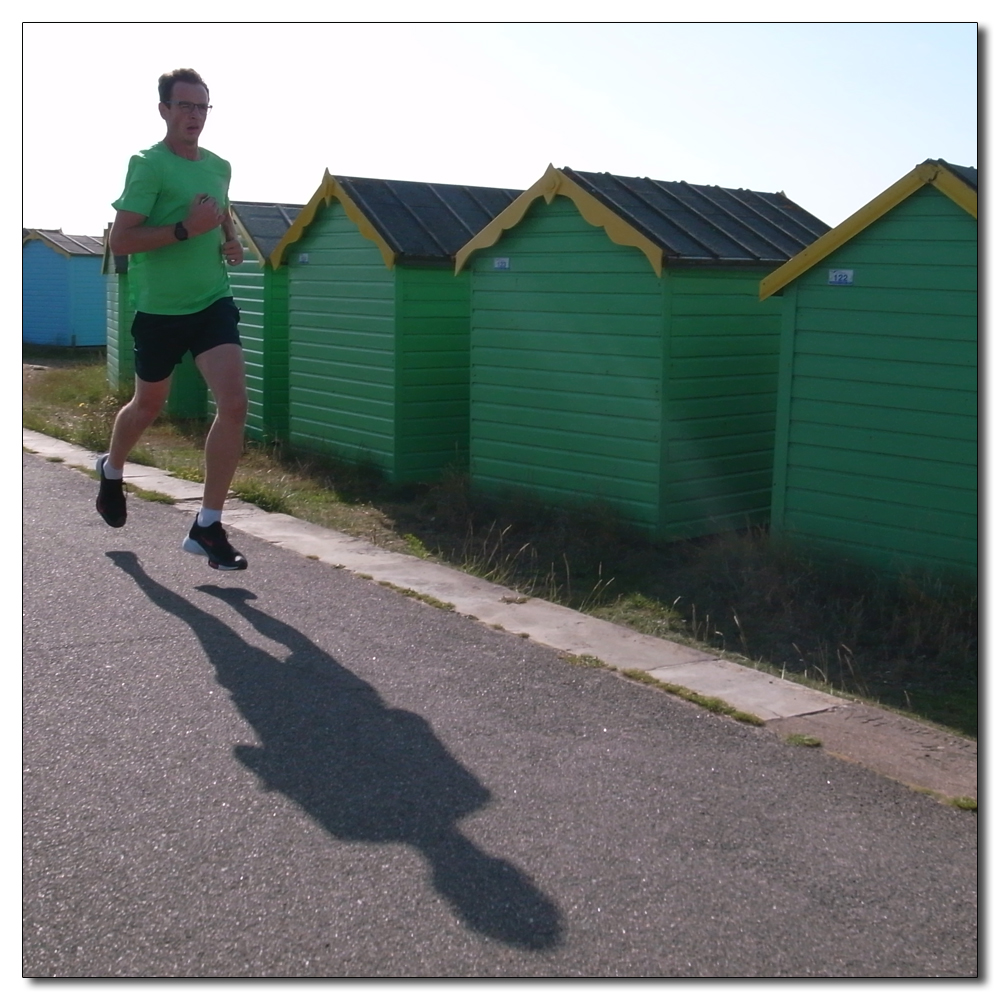 Littlehampton Parkrun, 152, Leader, (Harry) wanting to match the Beach huts this morning